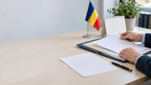 Что делать после выхода приказа ANC: подготовка документов на столе рядом с календарем и флагом Румынии.