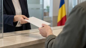 Работник передает посетителю конверт с документами – иллюстрация к статье о сертификате о гражданстве Румынии.