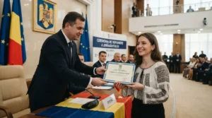Участница торжественной церемонии принесения присяги в зале ANC в Бухаресте получает сертификат о гражданстве Румынии из рук чиновника на фоне государственного флага.