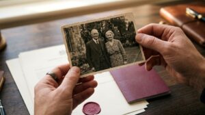 Руки держат старую черно-белую фотографию бабушки и дедушки. На заднем плане видны документы и паспорт, что иллюстрирует процесс подтверждения корней для получения Гражданства Румынии через дедушку или бабушку в 2026 году.