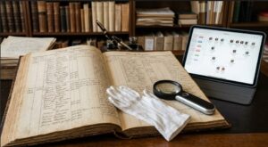 Рабочее место генеалогиста с открытой винтажной метрической книгой, увеличительным стеклом и родительским древом на планшете, иллюстрирующим, кто имеет право вернуть румынское гражданство по происхождению от Sokhor Global.